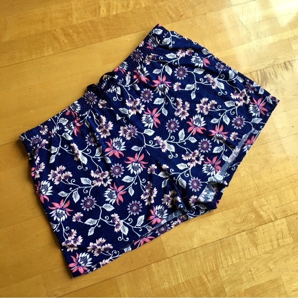 Floral, Lightweight, Flowy Lounge Shorts, Blue, Pink, White, Size 16